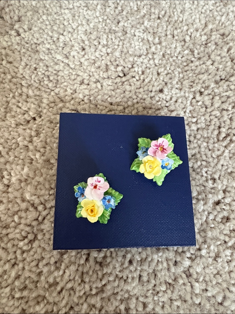 Vintage Floral Porcelain Clip-On Earrings Yellow Pink Blue Flowers